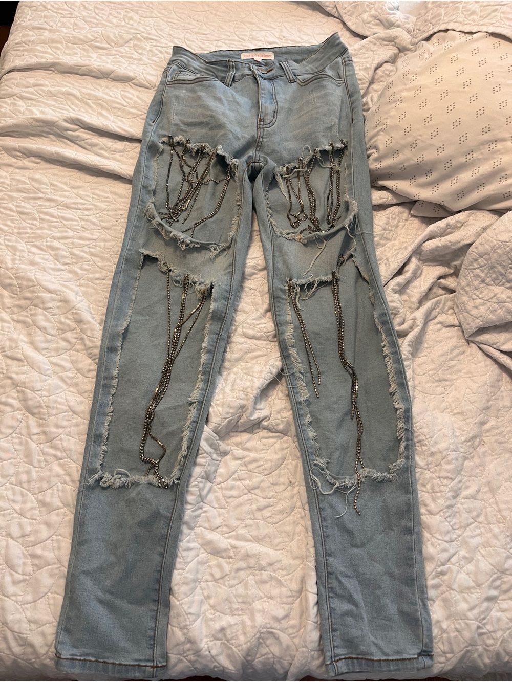 Y2K Rhinestone Fringe Distressed Skinny Jeans S Hot & Delicious concert